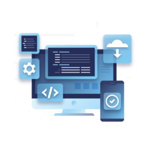 Computer desktop and a phone surrounded by icons of code, cloud storage and a settings cog