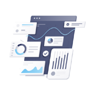 A webpage with graphs and data floating around it