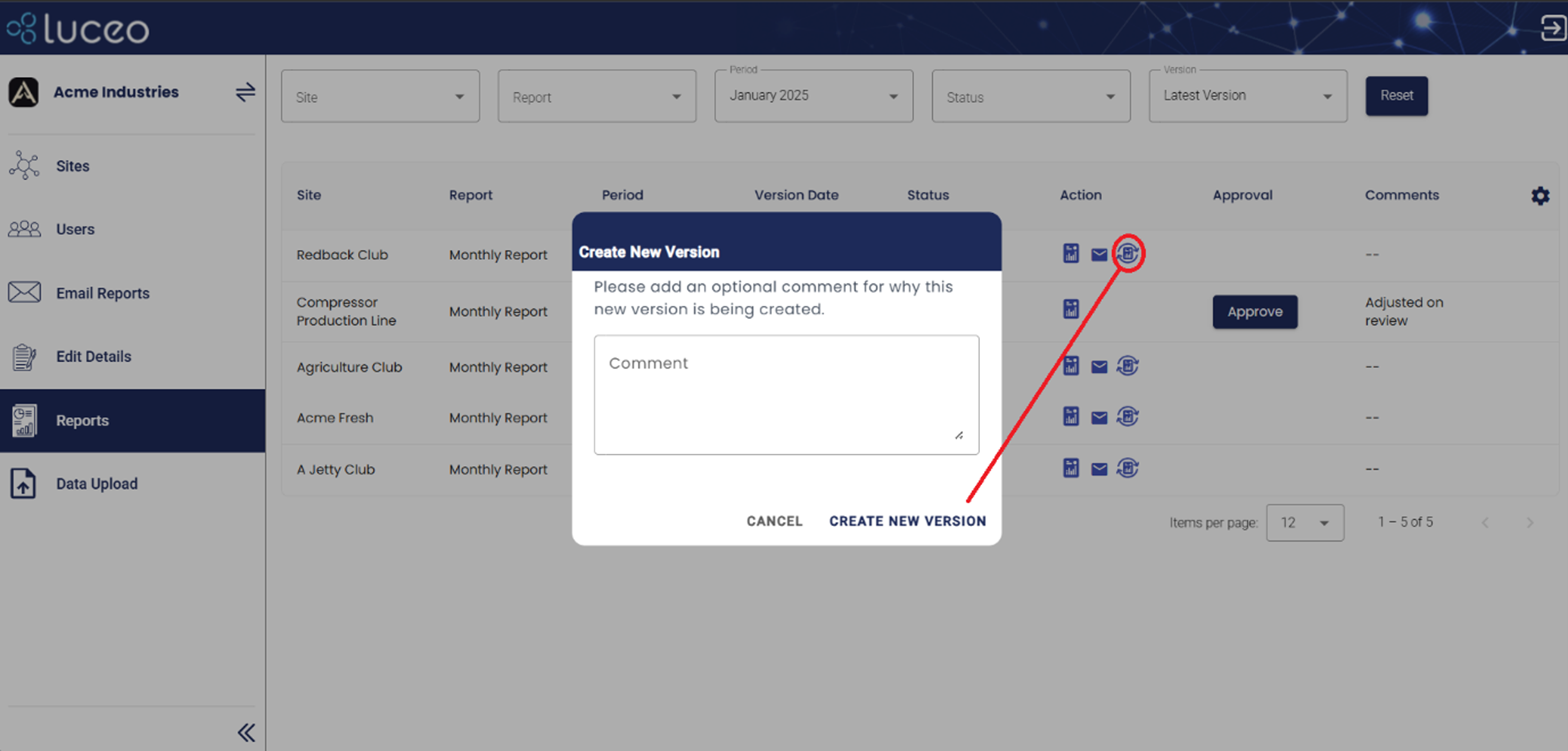 Create New Version Pop-up indicated by arrow to icon